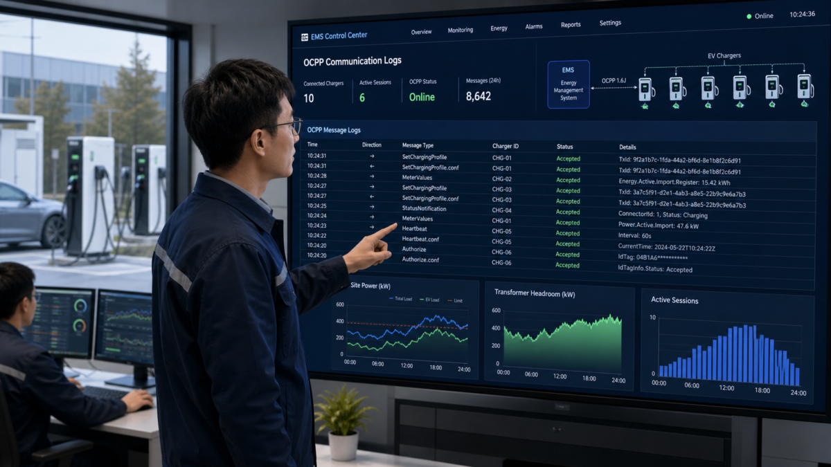 Testing Load Management Assumptions with Real-World Data. An engineer pointing to a live dashboard displaying OCPP communication logs between an EMS and EV chargers.
