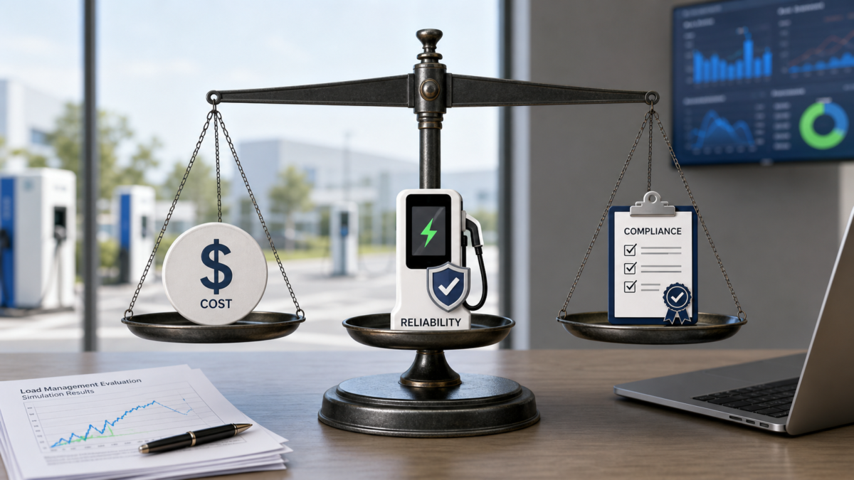 Achieving Balance in Load Management System Design. A three-pan balance scale weighing icons for cost, EV charger reliability, and a compliance document.