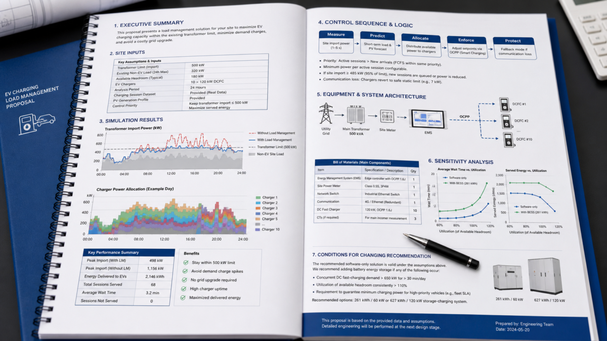 What to Look for in a Bankable Proposal. A detailed technical proposal document showing performance simulations, sensitivity analysis graphs, and equipment specifications for an EV charging project.