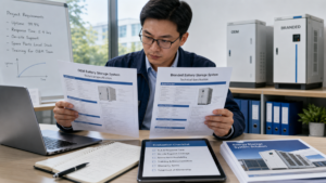 An engineer comparing technical specification sheets for an OEM and a branded battery storage system at a desk.