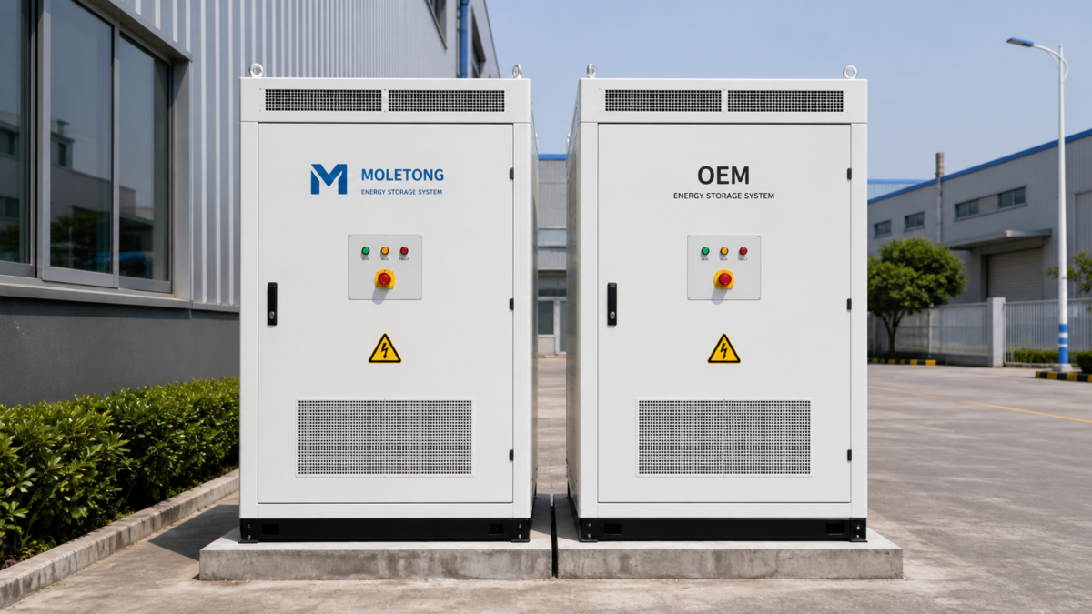 Two identical commercial battery cabinets side-by-side, one with a brand logo and one with a generic OEM label.