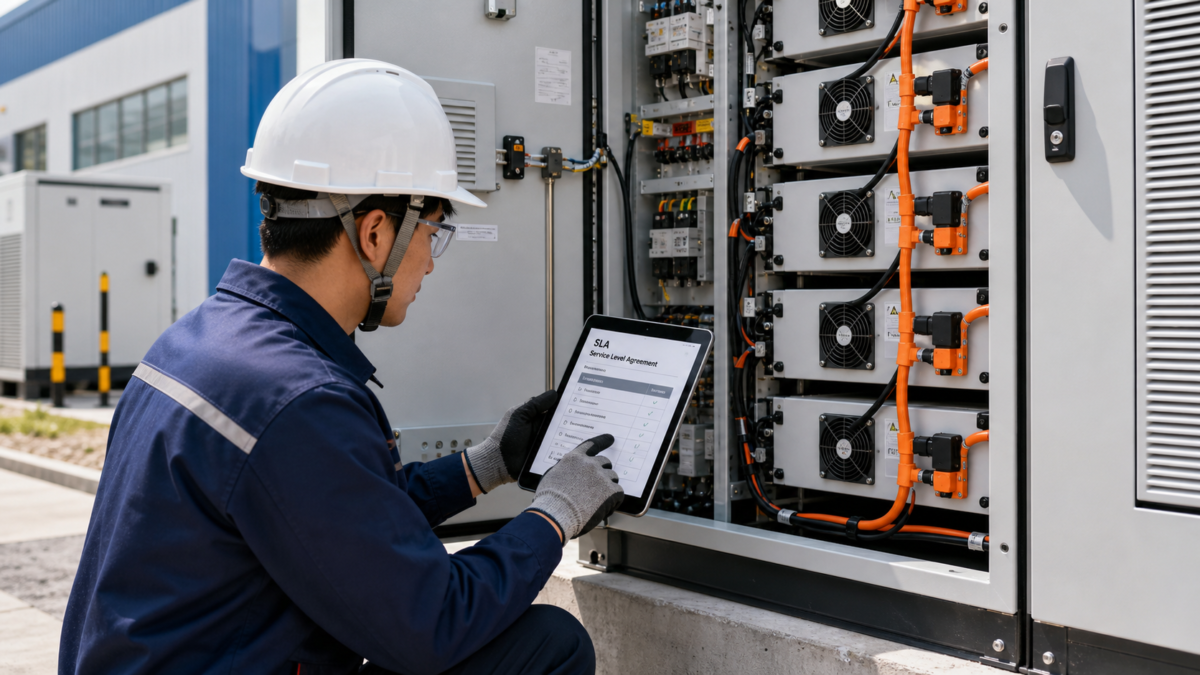 A technician on site servicing an open C&I energy storage cabinet while referencing an SLA document on a tablet.