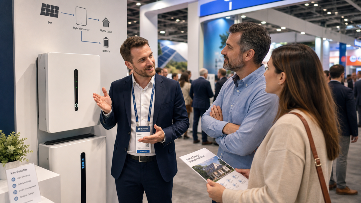 A salesperson confidently presenting a residential energy storage unit to an engaged couple at a busy trade show.