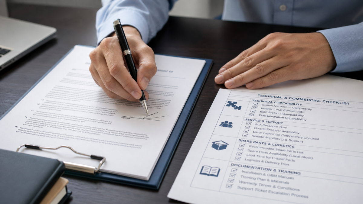 A close-up view of a person's hands signing a contract with a pen, a technical checklist is placed beside it.