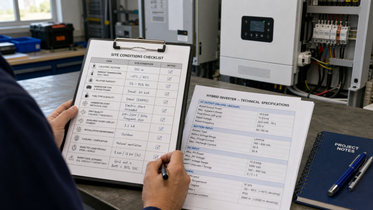An engineer's checklist on a clipboard comparing site conditions against an inverter's technical specification sheet in a workshop.