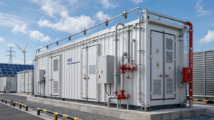 A large utility-scale BESS container with external water pipes and sprinkler nozzles for fire suppression