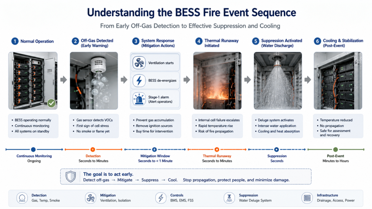 A flowchart illustrating the stages of a BESS thermal event from off-gas detection to suppression