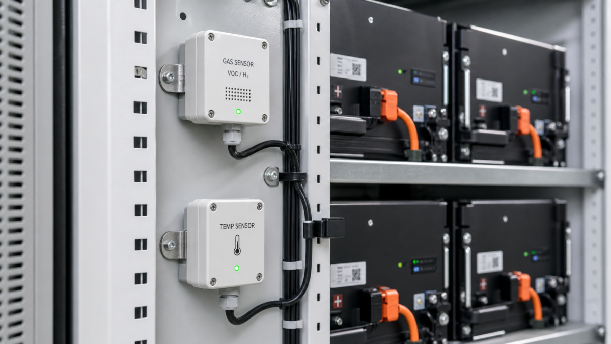 Close-up of gas and temperature sensors mounted inside a BESS rack near battery modules