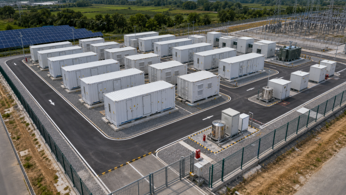 An aerial view of a BESS site layout showing access roads and spacing between containers