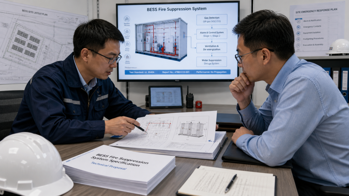 An engineer and a client reviewing technical specifications for a BESS fire suppression system