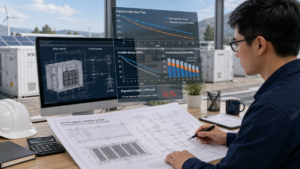 An engineer reviews a battery energy storage system blueprint with degradation charts overlaid.