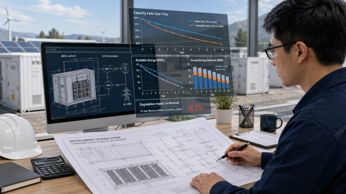 An engineer reviews a battery energy storage system blueprint with degradation charts overlaid.