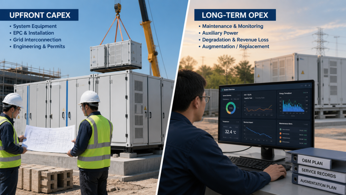 A split-screen image shows upfront construction costs versus long-term battery maintenance and augmentation.