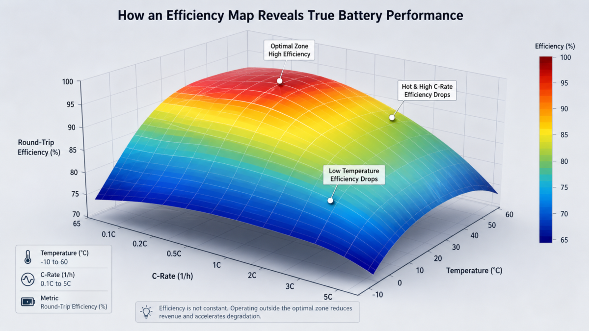 A 3D efficiency map graph showing battery performance at different temperatures and C-rates.
