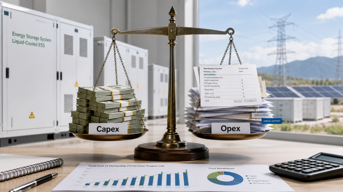 A balance scale weighing a pile of cash labeled Capex against ongoing maintenance bills labeled Opex.