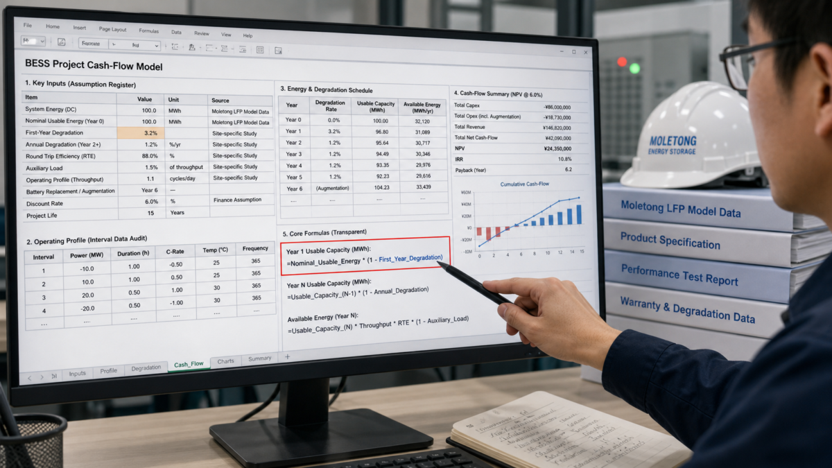 A person pointing to a specific formula on a complex energy cash-flow model on a computer screen.