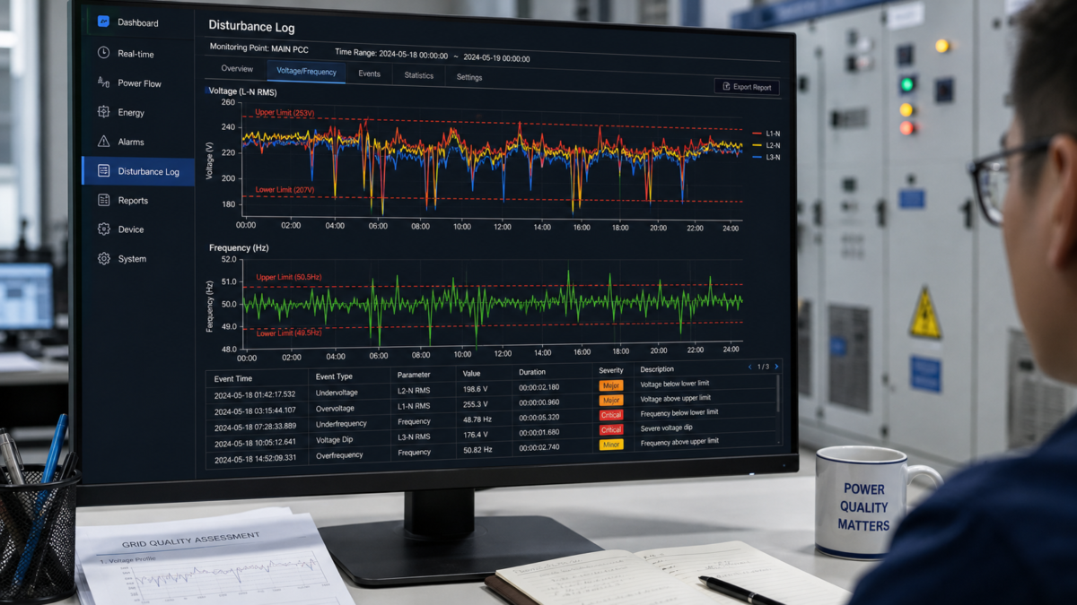 A disturbance log on a computer screen showing erratic voltage and frequency fluctuations from an unstable power grid.