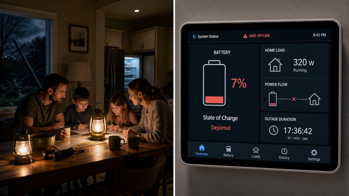 A split-screen image showing a family in a lit room during a blackout versus a depleted battery icon on a home energy monitor