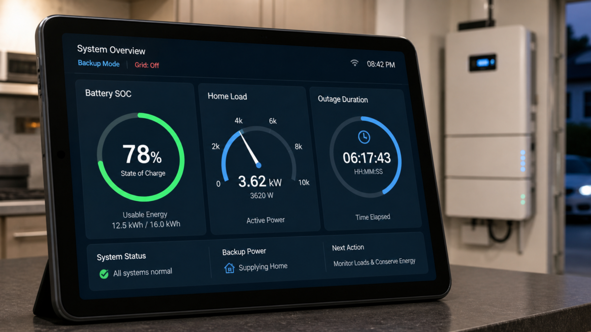 A close-up of a digital tablet interface showing battery SOC percentage, home load in watts, and an outage duration timer