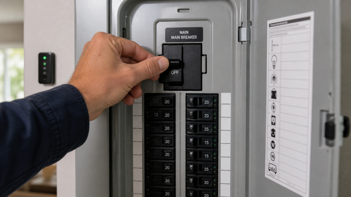 A person's hand safely switching off a main circuit breaker in a home electrical panel to simulate a power outage for a system test