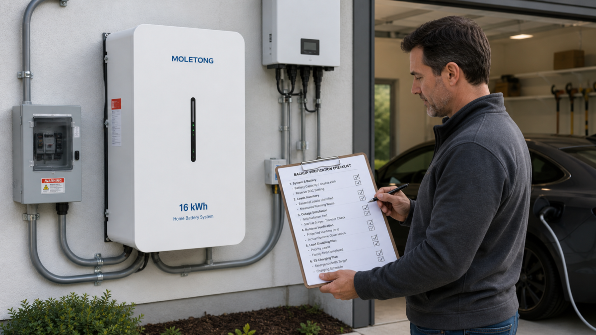 A homeowner standing next to a newly installed Moletong 16 kWh home battery system while reviewing a verification checklist on a clipboard