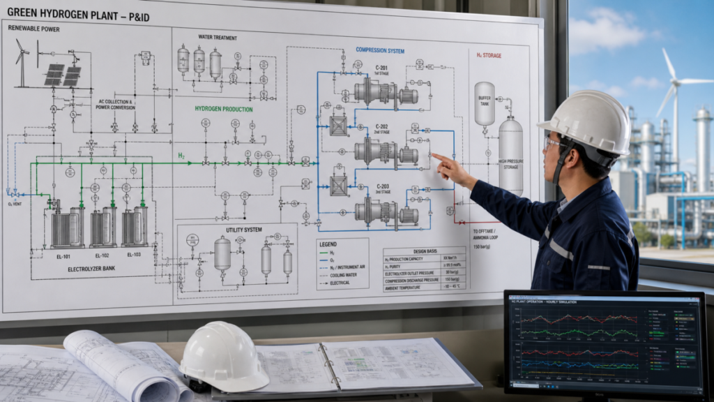 An engineer points to a detailed P&ID of a green hydrogen plant with electrolyzers and compressors