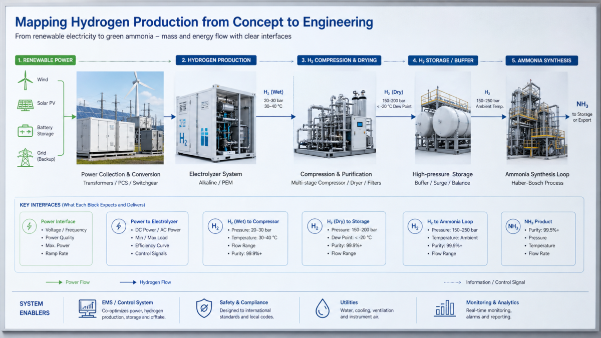 A flowchart illustrates how renewable power is converted to hydrogen and then ammonia with clear interfaces