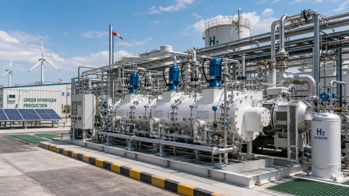 A multi-stage hydrogen compressor operating within a renewable energy facility, showing its scale and integration