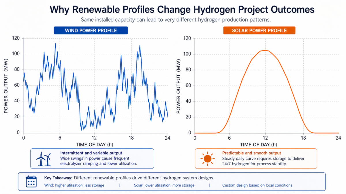 A comparative chart showing a spiky wind power profile next to a smooth solar power curve