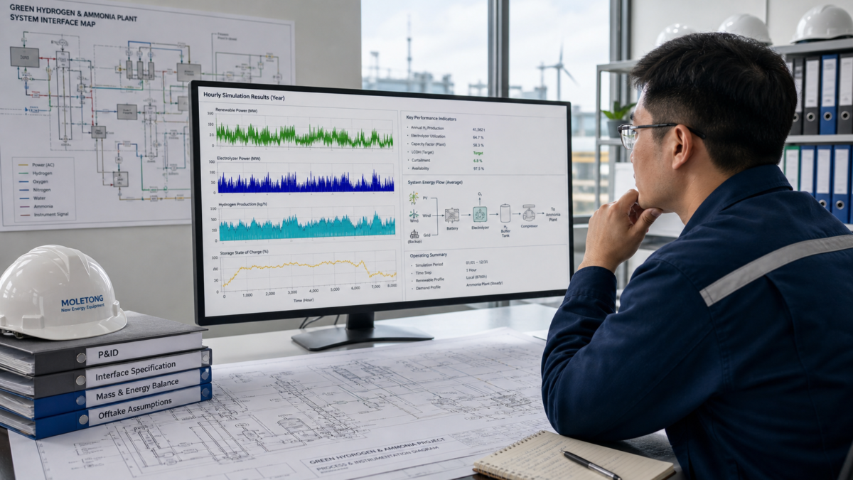 An engineer examines hourly simulation data on a monitor next to project design blueprints