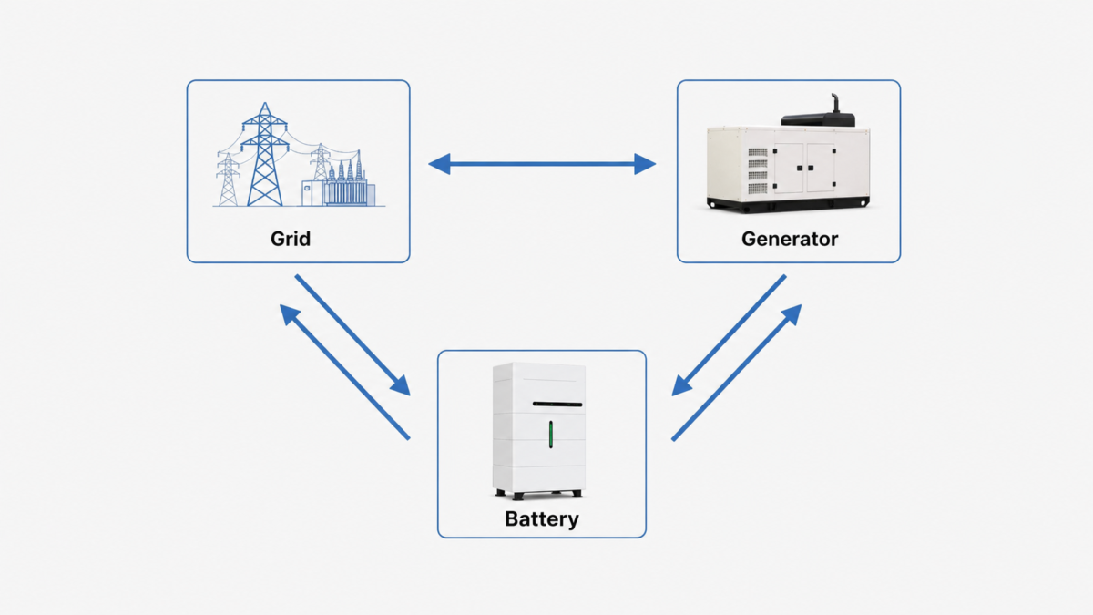 A simple source-state diagram showing arrows connecting 'Grid,' 'Battery,' and 'Generator' states for a hybrid power system.