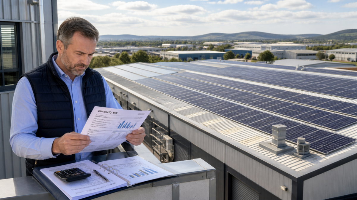 The Business Case for Solar Zero Export A business owner reviewing electricity bills next to a large commercial solar installation on their factory roof
