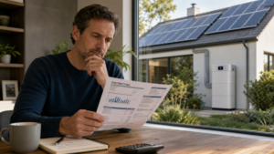 A homeowner looking thoughtfully at their electricity bill with a solar-powered house and a home battery visible outside the window.