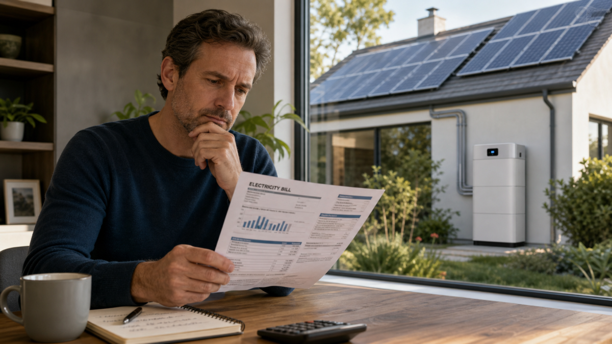 A homeowner looking thoughtfully at their electricity bill with a solar-powered house and a home battery visible outside the window.