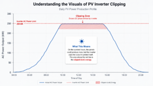 A solar energy production graph showing a flat-topped curve which indicates inverter clipping.