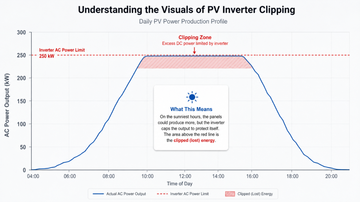 A solar energy production graph showing a flat-topped curve which indicates inverter clipping.