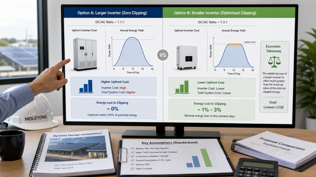 A comparison chart showing the higher upfront cost of a larger inverter versus the minimal energy loss from a smaller one.