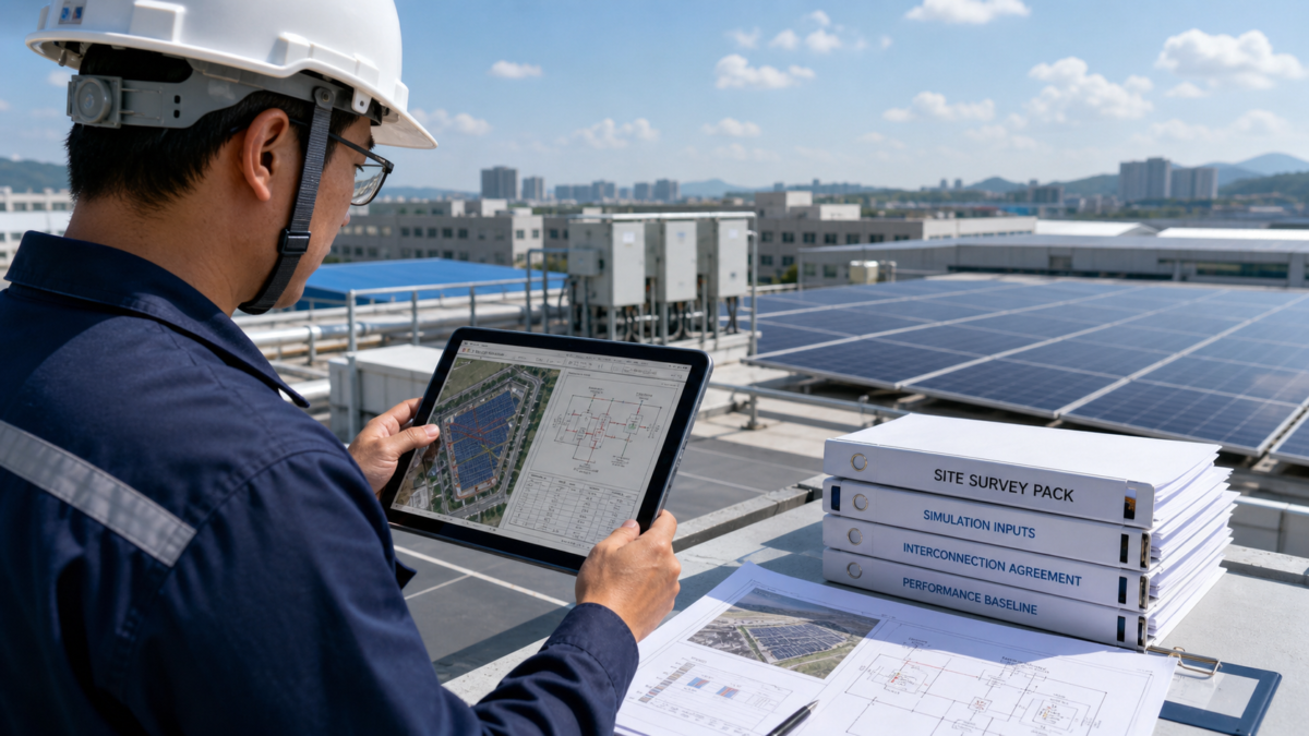 An engineer on a rooftop using a tablet to review a solar installation's survey pack and schematics.