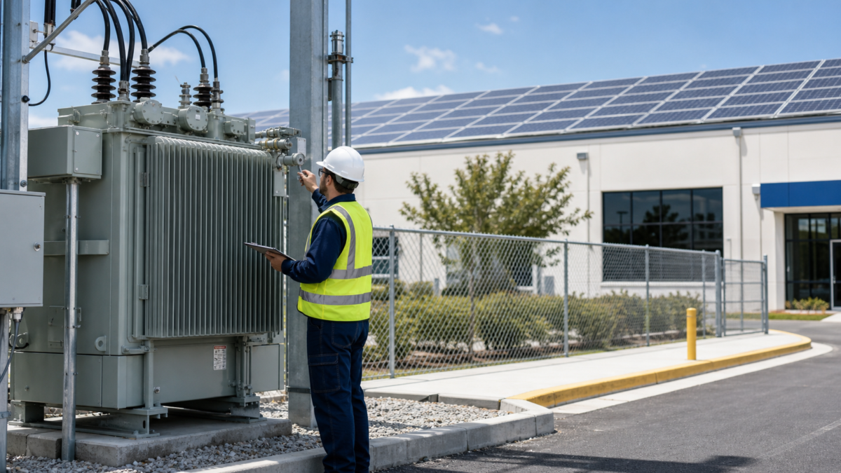 A utility worker inspecting a transformer near a commercial building with a newly installed solar array.
