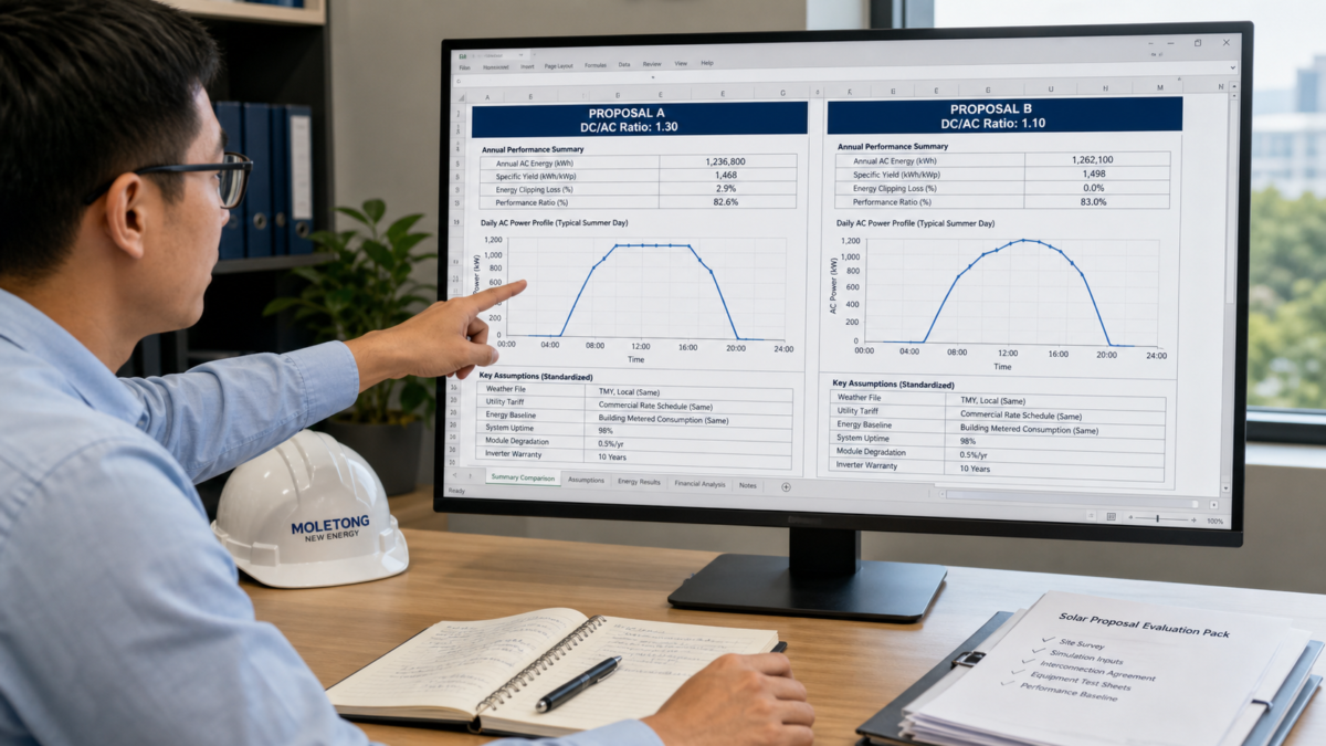 A person pointing at two solar performance reports on a screen, comparing them side-by-side on a spreadsheet.