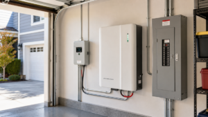 A residential battery system installed neatly on a garage wall next to the main electrical panel.