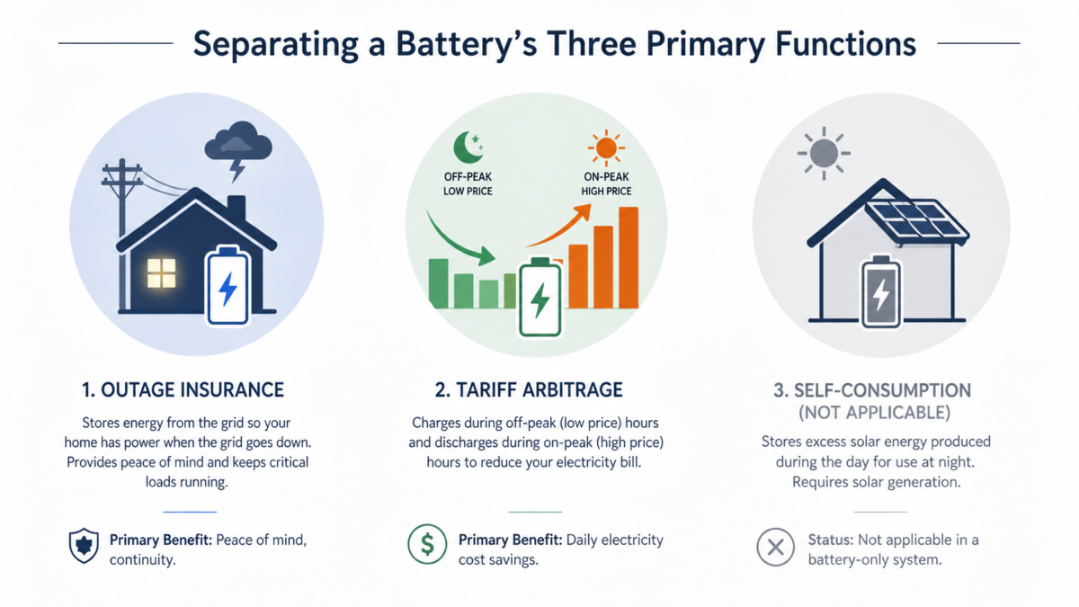 A diagram with three icons representing outage insurance, tariff arbitrage, and self-consumption.