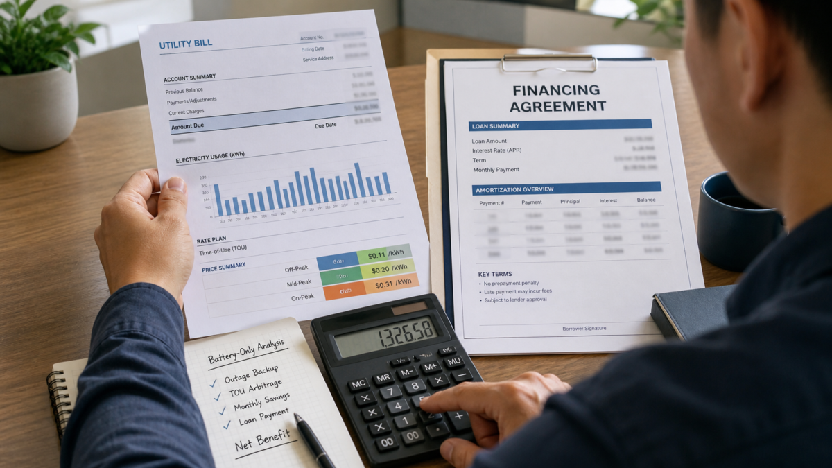 A person reviewing a utility bill and a financing agreement side-by-side with a calculator.