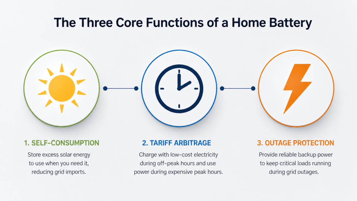 A clear diagram showing three icons: a sun for self-consumption, a clock for tariff arbitrage, and a lightning bolt for outage protection.