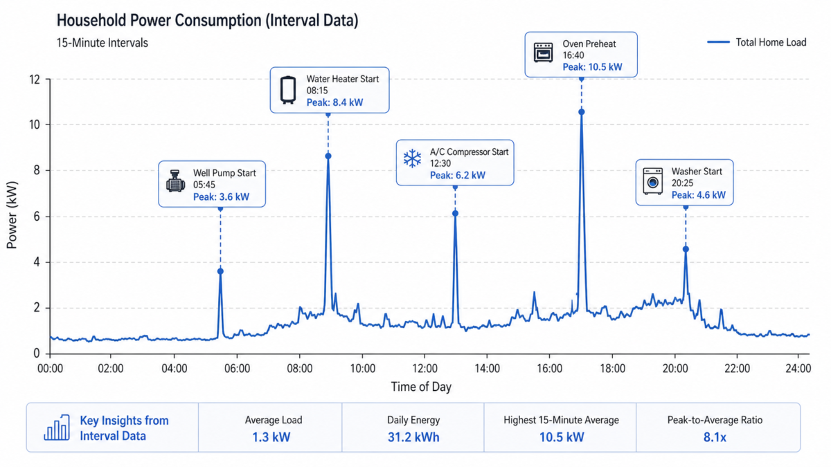 A line graph showing household energy consumption with sharp, high peaks indicating appliance startups.