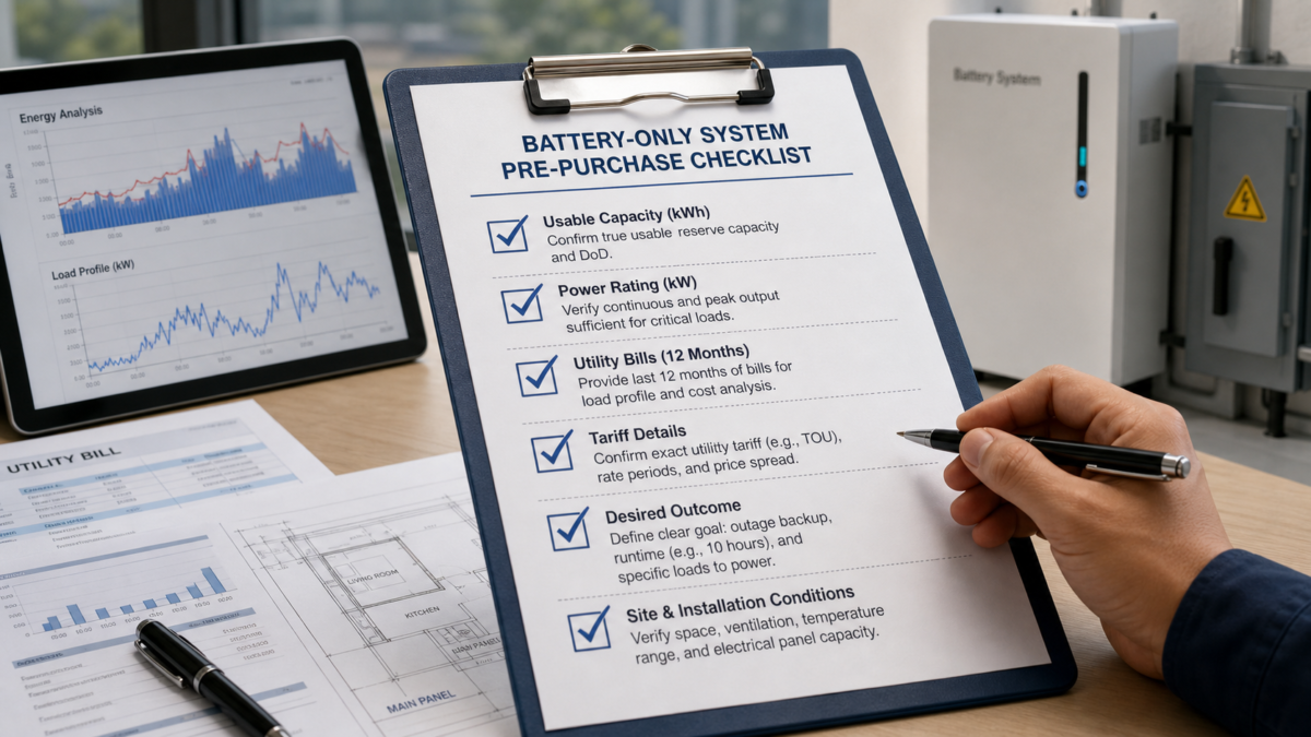 A checklist on a clipboard with items like Usable Capacity, Utility Bills, and Tariff Details checked off.