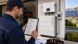 A battery installer reviewing a detailed technical checklist on a tablet next to a residential energy storage system