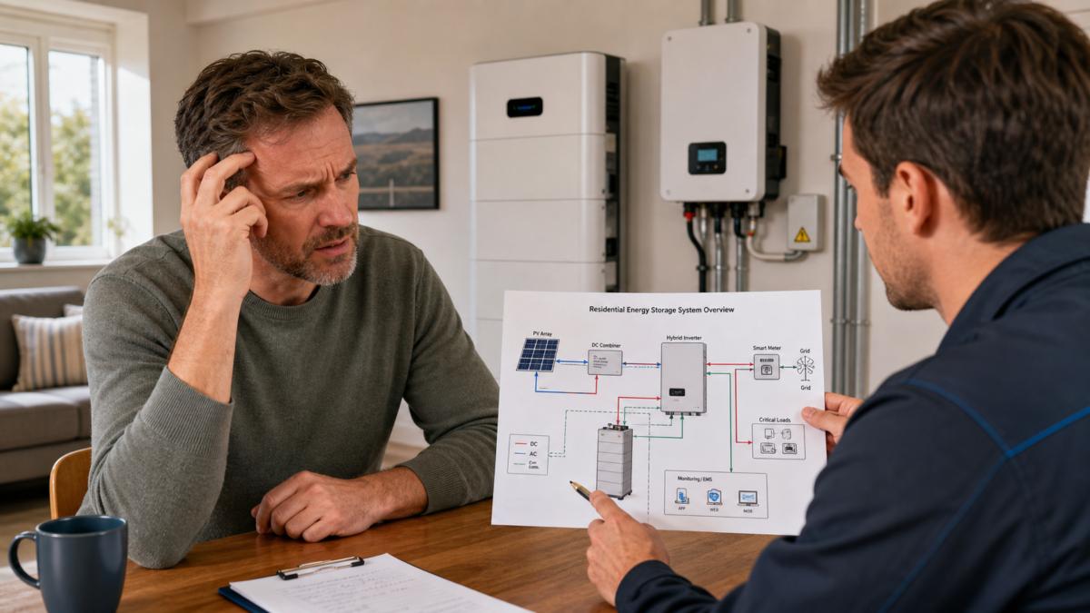 A confused homeowner looking at a complex battery system diagram shown by an installer in their home