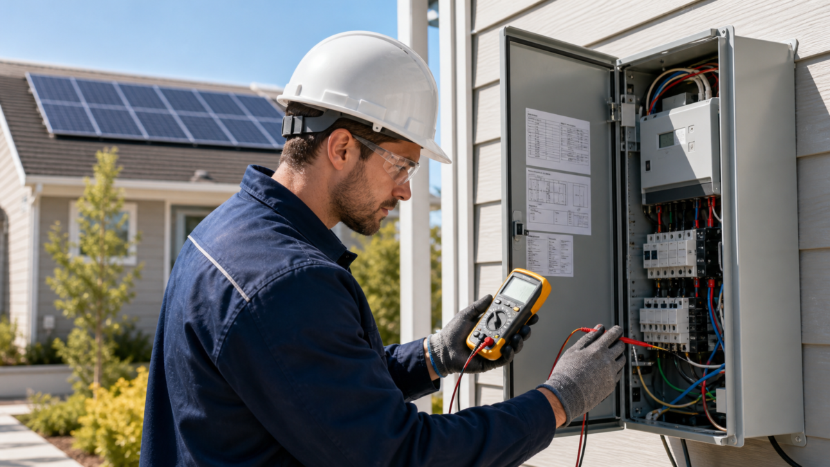 An engineer using a multimeter to test an electrical panel at a sunny residential installation site