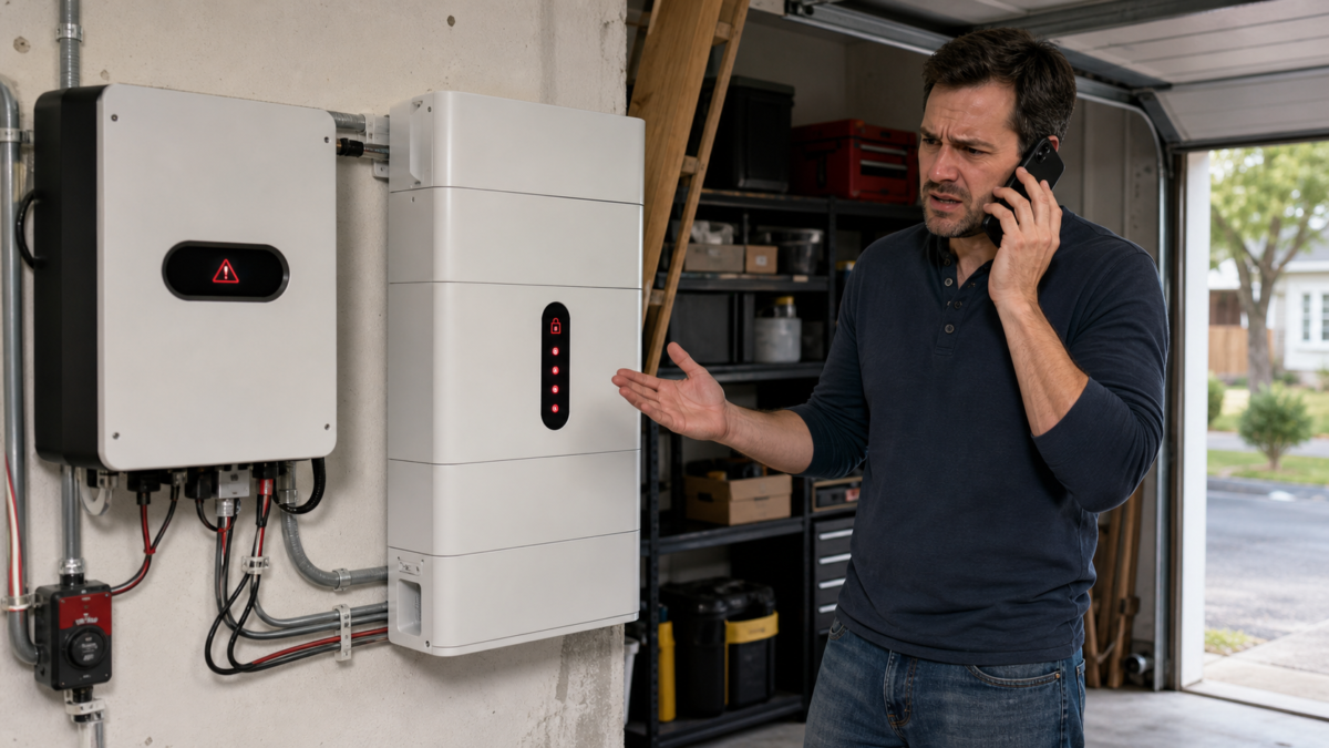 A frustrated homeowner on the phone looking at a non-functional battery system mounted in their garage